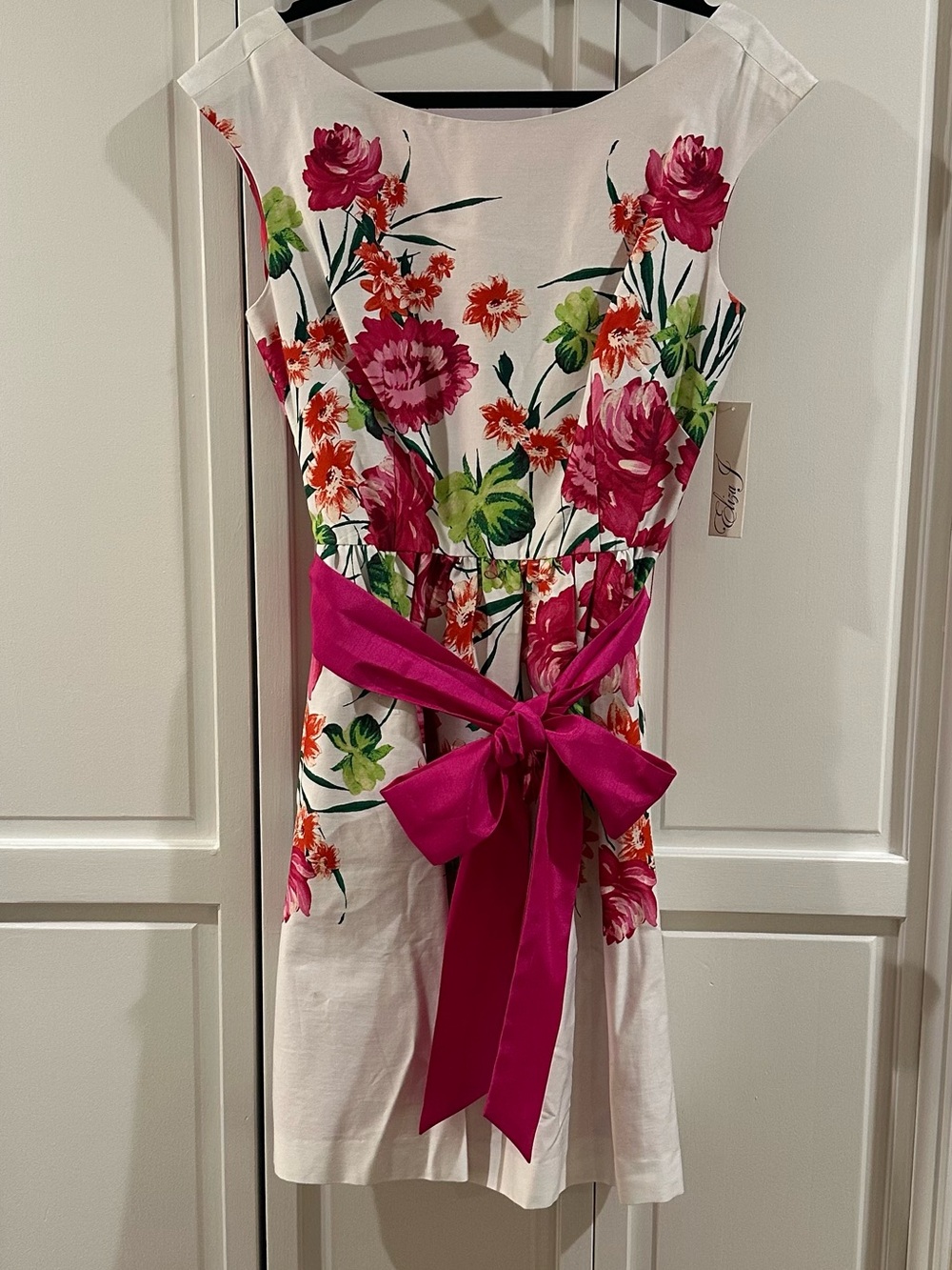 Eliza J White Floral Sheath Dress with Fuchsia Sash Bow, NWT, Size 12